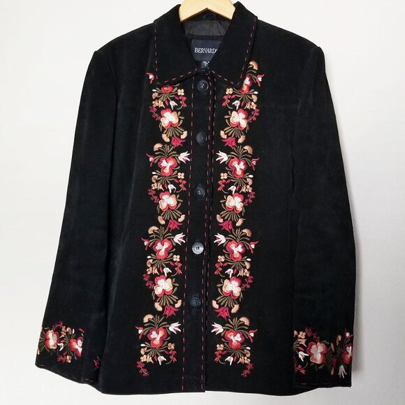 Bernardo Women's XL Suede Genuine Leather Floral Embroidered Jacket Coat Black - Picture 2 of 16